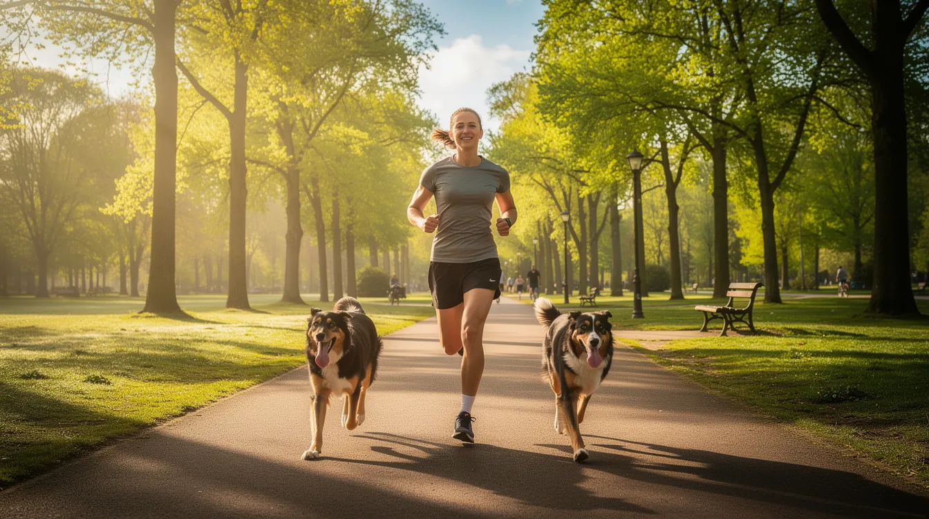 A person is jogging through a sunny park lined with trees, accompanied by dogs, creating a vibrant scene that embodies an active lifestyle. This image reflects the essence of outdoor activities, which many digital nomads and remote workers enjoy while exploring various destinations.
